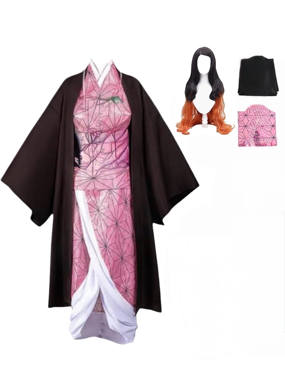 Pink Geometric Kimono-Style Kids Costume with Black Haori and Wig